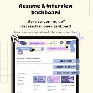 Op de afbeelding: Een digitale tablet toont een "Resume & Interview Dashboard" interface. Het scherm toont opties voor het zoeken naar een baan, de Notion-sjabloon en de voorbereiding op sollicitatiegesprekken. Tekst bevat "Sollicitatiegesprek in aantocht? Bereid je voor in één dashboard."