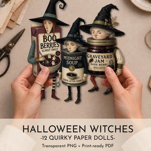 Pode incluir: Três bonecas de papel com personagens de bruxas vestidas como alimentos: uma caixa de cereais Boo Berries, uma lata de Midnight Soup e um pote de Graveyard Jam. Cada personagem usa um chapéu preto pontudo. O texto diz Boo Berries Scarly Sweet, Midnight Soup Serve After Dark e Graveyard Jam Dark Berry Small Batch.