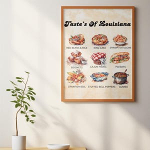 Tastes Of Louisiana druckbare Wand Kunst Essen Delikatessen von Louisiana Foodie Geschenk New Orleans Stil Kochen Druck Original druckbare Wandkunst