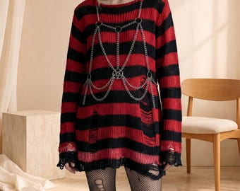 Överdimensionerad randig stickad tröja, slitna slitna hål, punk grunge-tröja, mörk akademisk streetwear