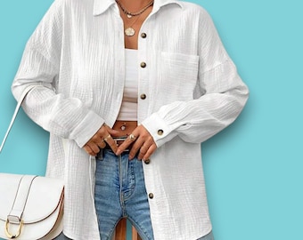 Camisa de gasa 100% algodón con botones, blusa de muselina arrugada extragrande, top elegante de manga larga, camisa informal para la oficina, camisa de primavera/verano.