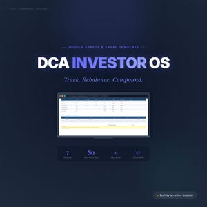 Könnte beinhalten: Werbung für eine Google Sheets- und Excel-Vorlage namens "DCA Investor OS". Das Bild zeigt einen Laptop, der eine Tabelle anzeigt, mit dem Text "Track. Rebalance. Compound." und Details zu Blättern, monatlichen Gebühren, Updates und Zahlung.