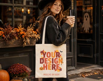 Liberty Bag OAD113 Natural Tote Bag Mockup, Halloween Witch at Fall Cafe, Autumn Canvas Bag Design Template