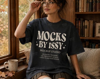 Comfort Colors 1717 Black T-Shirt Mockup, Cozy Fall Library Lifestyle Tee Mockup, Reading Nook Shirt Mockup