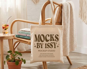 Liberty Bags OAD113 Natural Tote Bag Mockup, Cozy Boho Interior Canvas Bag Mockup with Rattan Chair and Books