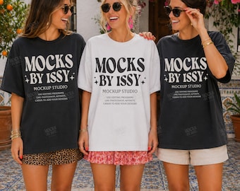 Comfort Colors 1717 White Black T-Shirt Mockup, Women Group Tee Mockup, Bachelorette Mockup, Mediterranean Courtyard Scene