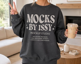 Gildan 18000 Dark Heather Sweatshirt Mockup, Cozy Neutral Living Room Iced Coffee Lifestyle Apparel Mockup