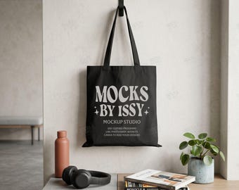 Liberty Bags OAD113 Black Tote Bag Mockup, Minimalist Home Entry Canvas Bag Mockup with Books and Plant Decor