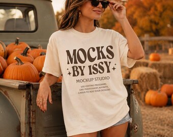 Comfort Colors 1717 Ivory T-Shirt Mockup, Fall Pumpkin Patch Vintage Truck Lifestyle Tee Mockup, Farmhouse Shirt Mockup