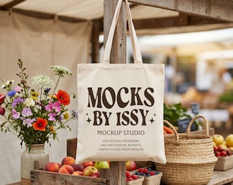 Liberty Bags OAD113 Natural Tote Bag Mockup, Farmers Market Canvas Bag Mockup with Floral and Rustic Display