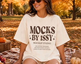 Comfort Colors 1717 Ivory T-Shirt Mockup, Fall Picnic Lifestyle Tee Mockup, Cozy Pumpkin Patch Shirt Mockup