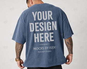 Comfort Colors 1717 Denim Mens T-Shirt Mockup, Back View Studio Shirt Mockup, Tattoo Model Apparel Mockup
