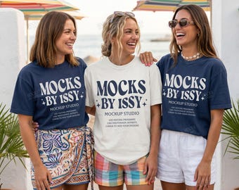 Comfort Colors 1717 White Navy T-Shirt Mockup, Bachelorette Trip Mockup, Women Group Tee Mockup, Poolside Resort Scene