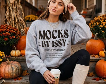 Gildan 18000 Sport Grey Sweatshirt Mockup, Fall Porch Pumpkin Scene, Cozy Autumn Digital Apparel Mockup