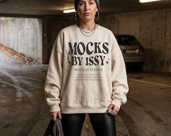 Gildan 18000 Sand Sweatshirt Mockup, Moody Parking Garage Scene, Edgy Urban Digital Apparel Mockup