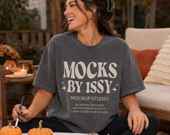 Comfort Colors 1717 Pepper T-Shirt Mockup, Fall Pumpkin Painting Lifestyle Tee Mockup, Cozy Indoor Seasonal Shirt Mockup