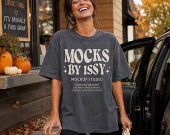 Comfort Colors 1717 Pepper T-Shirt Mockup, Fall Drive Thru Coffee Lifestyle Tee Mockup, Casual Errand Shirt Mockup
