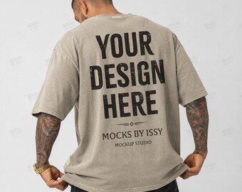 Comfort Colors 1717 Sandstone Mens T-Shirt Mockup, Back View Studio Shirt Mockup, Tattoo Model Apparel Mockup