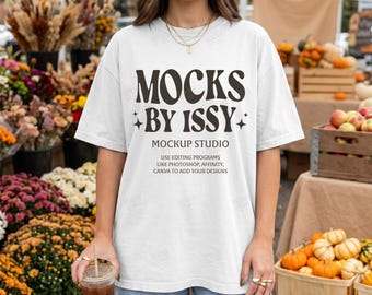 Comfort Colors 1717 White T-Shirt Mockup, Fall Farmers Market Lifestyle Tee Mockup, Pumpkin Flower Stand Shirt Mockup