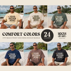 May include: A collection of six short-sleeve t-shirts in various colours, each featuring the text YOUR DESIGN HERE with a palm tree graphic. The shirts are displayed on a person sitting on a beach, showcasing the Comfort Colors 1717 mockup bundle.