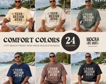 Comfort Colors 1717 Mens T-Shirt Beach Mockup Bundle, 24 Beach Front View Shirt Mockups, Summer Coastal Apparel Mockups