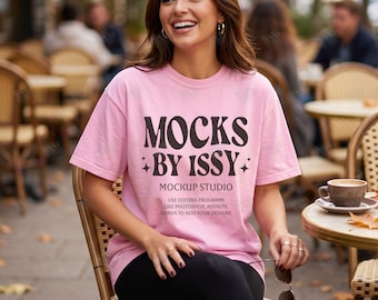Comfort Colors 1717 Blossom T-Shirt Mockup, Fall Cafe Patio Lifestyle Tee Mockup, Coffee Shop Shirt Mockup