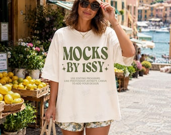 Comfort Colors 1717 アイボリー T シャツ モックアップ、Coastal Market Street T シャツ モックアップ、夏休みアパレル フラットレイ
