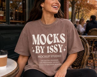 Comfort Colors 1717 Espresso T-Shirt Mockup, Fall Cafe Patio Lifestyle Tee Mockup, Coffee Shop Shirt Mockup