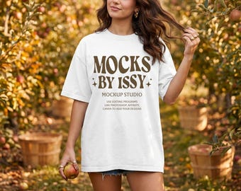 Comfort Colors 1717 White T-Shirt Mockup, Fall Apple Orchard Lifestyle Tee Mockup, Harvest Coffee Shirt Mockup