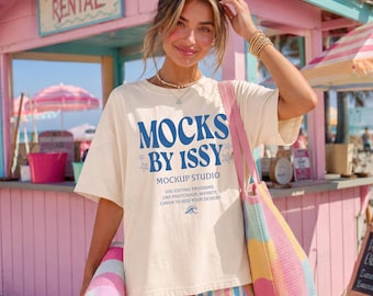 Comfort Colors 1717 Ivory T-Shirt Mockup, Beach Umbrella Rental Stand Summer Coastal Seller Display Tee Mockup