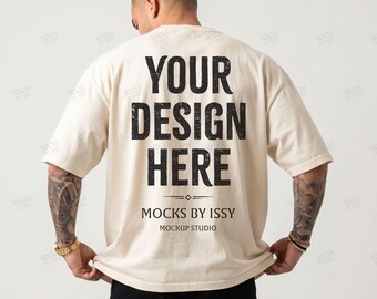 Comfort Colors 1717 Ivory Mens T-Shirt Mockup, Back View Studio Shirt Mockup, Tattoo Model Apparel Mockup