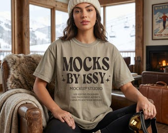 Comfort Colors 1717 Khaki T-Shirt Mockup, Cozy Ski Lodge Lifestyle Tee Mockup, Winter Cabin Fireplace Shirt Mockup