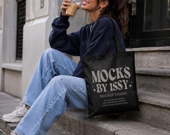 Liberty Bags OAD113 Black Tote Bag Mockup, City Steps Canvas Bag Mockup with Coffee and Casual Street Style