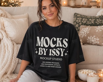 Comfort Colors 1717 Black T-Shirt Mockup, Cozy Christmas Living Room Lifestyle Tee Mockup, Holiday Winter Shirt Mockup