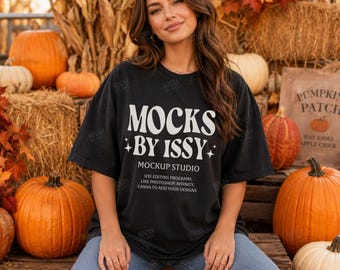 Comfort Colors 1717 Black T-Shirt Mockup, Fall Pumpkin Patch Lifestyle Tee Mockup, Hay Bale Harvest Shirt Mockup