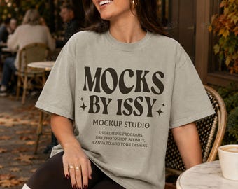 Comfort Colors 1717 Sandstone T-Shirt Mockup, Fall Cafe Patio Lifestyle Tee Mockup, Coffee Shop Shirt Mockup