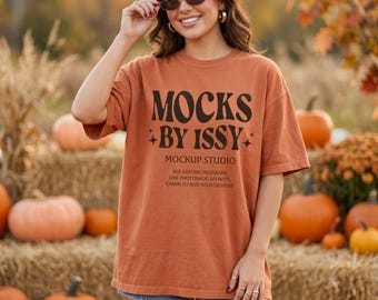Comfort Colors 1717 Yam T-Shirt Mockup, Fall Pumpkin Patch Lifestyle Tee Mockup, Hay Bale Harvest Shirt Mockup