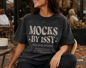 Comfort Colors 1717 Black T-Shirt Mockup, Fall Cafe Patio Lifestyle Tee Mockup, Coffee Shop Shirt Mockup for Etsy