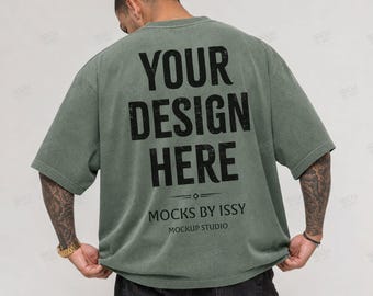 Comfort Colors 1717 Moss Mens T-Shirt Mockup, Back View Studio Shirt Mockup, Tattoo Model Apparel Mockup