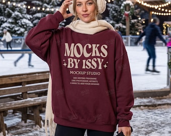 Gildan 18000 Maroon Sweatshirt Mockup, Ice Skating Rink Christmas Winter Scene, Cozy Holiday Apparel Mockup