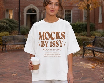 Comfort Colors 1717 White T-Shirt Mockup, Campus Courtyard Lifestyle Tee Mockup, Autumn Coffee Shirt Mockup