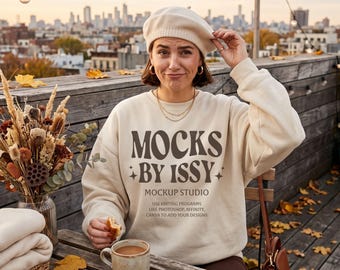 Gildan 18000 Sand Sweatshirt Mockup, Rooftop Cafe Brunch Scene, Cozy Urban Digital Apparel Mockup