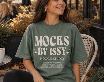 Comfort Colors 1717 Moss T-Shirt Mockup, Fall Cafe Patio Lifestyle Tee Mockup, Coffee Shop Shirt Mockup