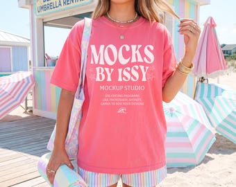 Comfort Colors 1717 Watermelon T-Shirt Mockup, Beach Umbrella Rental Stand Summer Coastal Seller Display Tee Mockup