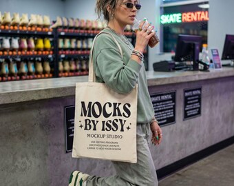 Liberty Bags OAD113 Natural Tote Bag Mockup, Skate Rental Canvas Bag Mockup with Roller Rink and Retro Lifestyle