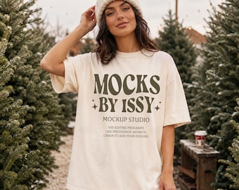 Comfort Colors 1717 Ivory T-Shirt Mockup, Winter Tree Farm Lifestyle Tee Mockup, Cozy Christmas Shirt Mockup
