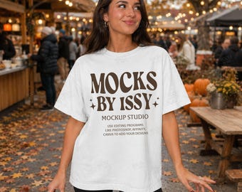 Comfort Colors 1717 White T-Shirt Mockup, Fall Outdoor Market Lifestyle Tee Mockup, Cozy Seasonal Shirt Mockup