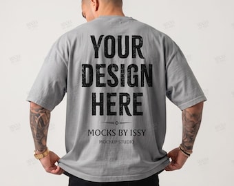 Comfort Colors 1717 Grey Mens T-Shirt Mockup, Back View Studio Shirt Mockup, Tattoo Model Apparel Mockup