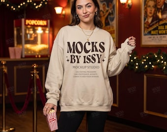 Gildan 18000 Sand Sweatshirt Mockup, Vintage Movie Theater Scene, Cozy Cinema Digital Apparel Mockup