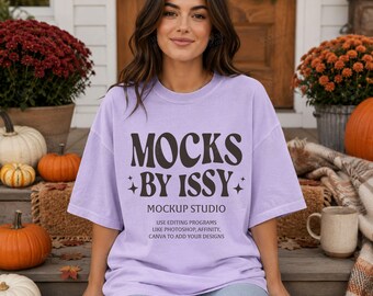 Comfort Colors 1717 Orchid T-Shirt Mockup, Fall Porch Lifestyle Tee Mockup, Pumpkin Mum Shirt Mockup